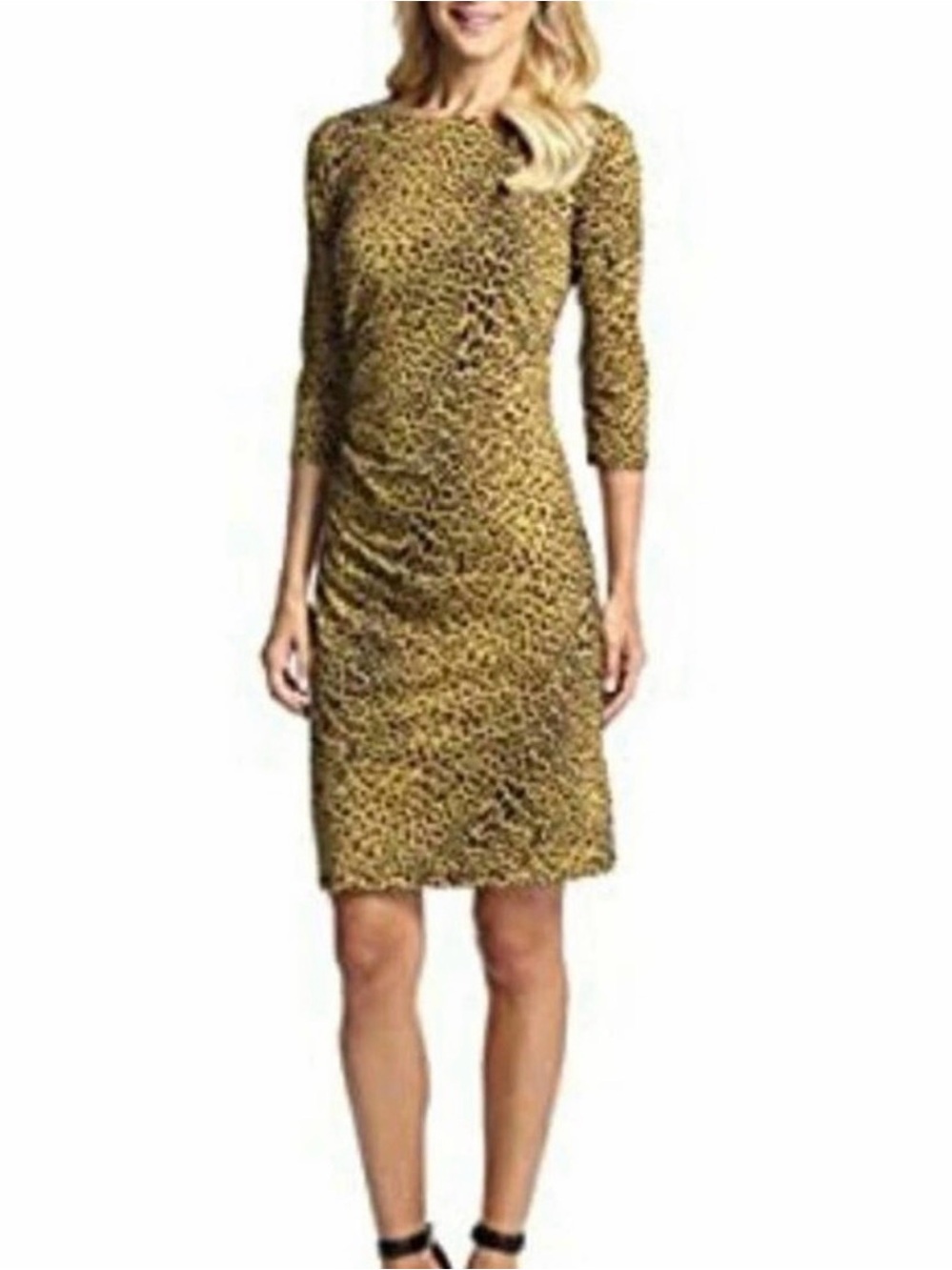 J.McLaughlin Sage 3/4 Sleeve Shift Mini Dress Leopard Print XS Ruched Detail